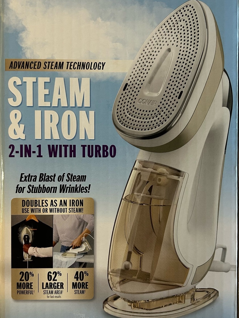 Conair Steam & Iron 2‑in‑1 Turbo Handheld Garment Steamer - White/Beige
